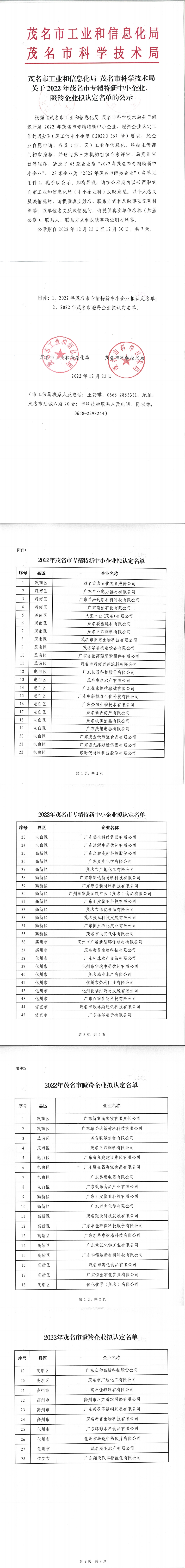 茂名市2022年專精特新中小企業(yè)、瞪羚企業(yè)擬認(rèn)定名單的公示