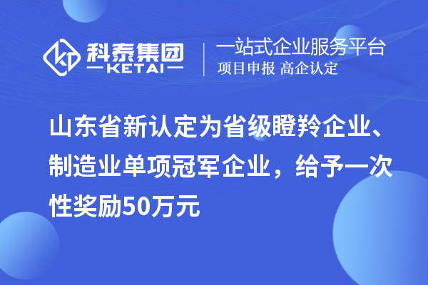 山東省新認(rèn)定為省級(jí)瞪羚企業(yè)、制造業(yè)單項(xiàng)冠軍企業(yè)，給予一次性獎(jiǎng)勵(lì) 50 萬元