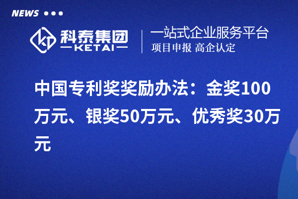 中國專利獎(jiǎng)：金獎(jiǎng)100萬元、銀獎(jiǎng)50萬元、優(yōu)秀獎(jiǎng)30萬元（省級(jí)）