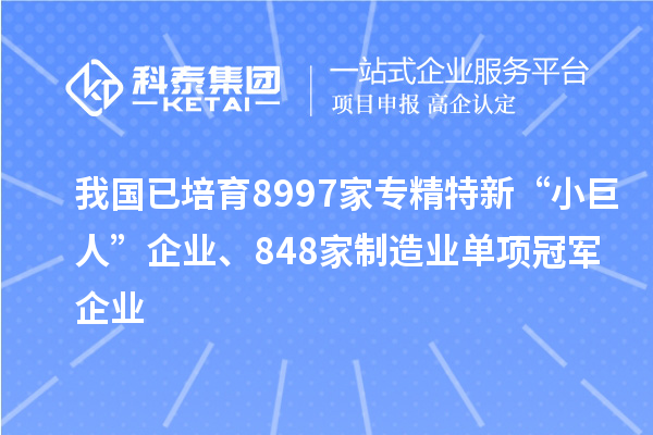 我國已培育8997家專精特新“小巨人”企業(yè)、848家制造業(yè)單項冠軍企業(yè)