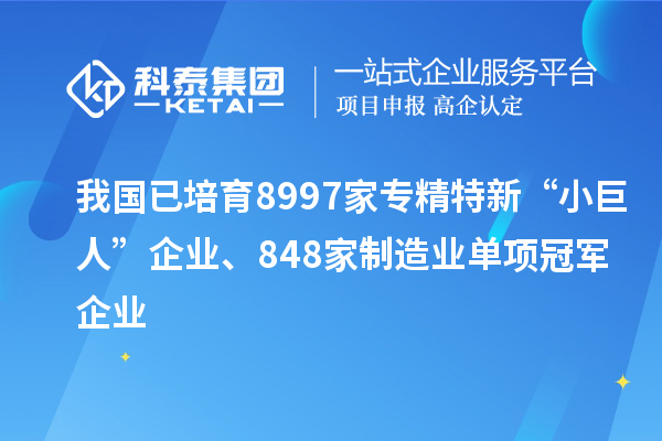 我國已培育8997家專精特新“小巨人”企業(yè)、848家制造業(yè)單項冠軍企業(yè)
