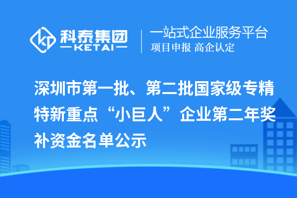 深圳市第一批、第二批國家級專精特新重點“小巨人”企業(yè)第二年獎補資金名單公示