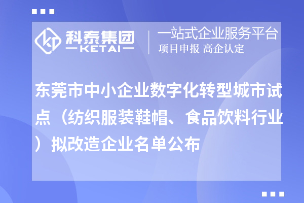 東莞市中小企業(yè)數(shù)字化轉(zhuǎn)型城市試點（紡織服裝鞋帽、食品飲料行業(yè)）擬改造企業(yè)名單公布
