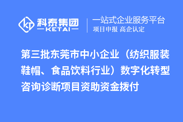 第三批東莞市中小企業(yè)（紡織服裝鞋帽、食品飲料行業(yè)）數(shù)字化轉(zhuǎn)型咨詢診斷項目資助資金撥付