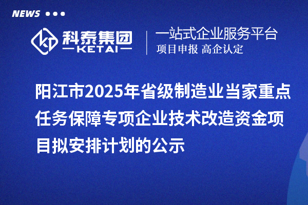 陽江市2025年省級(jí)制造業(yè)當(dāng)家重點(diǎn)任務(wù)保障專項(xiàng)企業(yè)技術(shù)改造資金項(xiàng)目擬安排計(jì)劃的公示