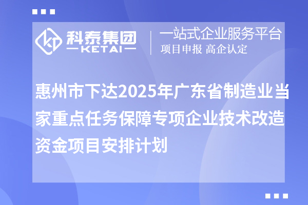 惠州市下達(dá)2025年廣東省制造業(yè)當(dāng)家重點任務(wù)保障專項企業(yè)技術(shù)改造資金項目安排計劃